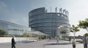 Pavillon d’accueil et de contrôle sur le parvis du bâtiment Louise Weiss.